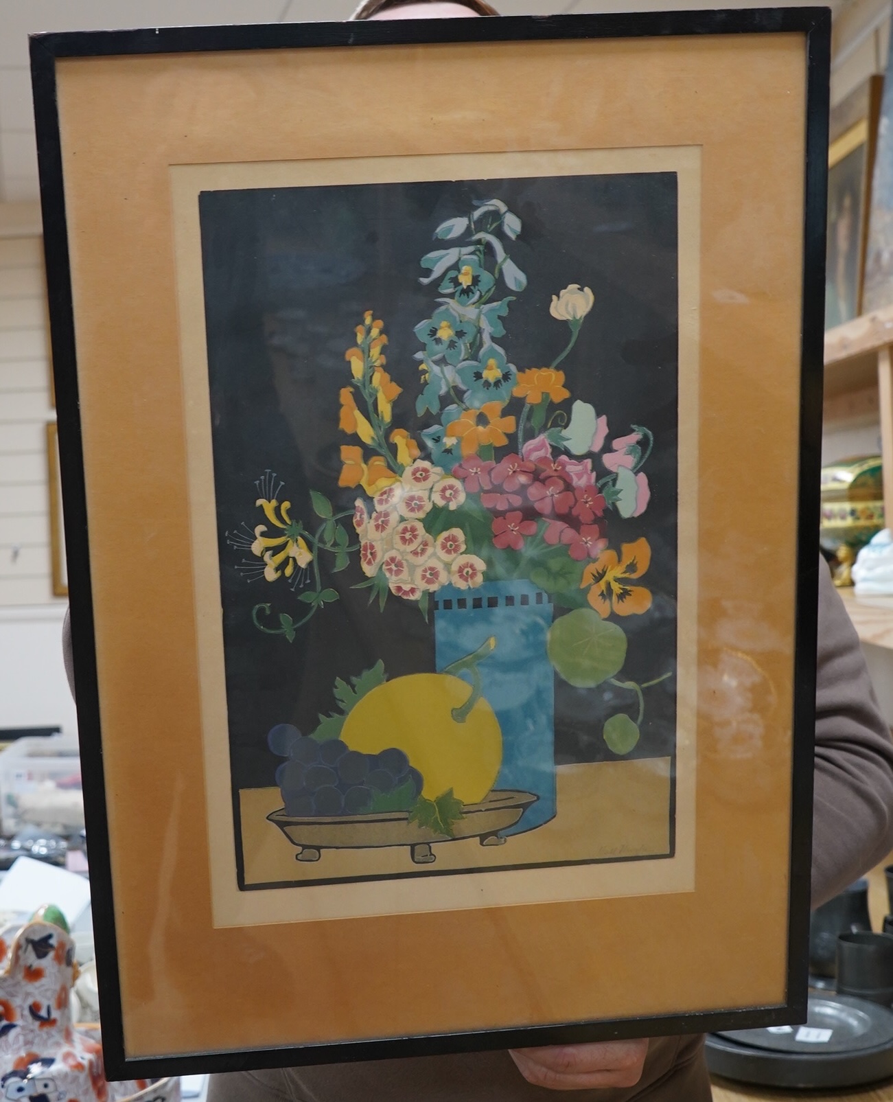 John Hall Thorpe (1874-1947), woodblock engraving, Still life of flowers and fruit, signed in pencil, 44 x 29cm. Condition - fair, some fading
